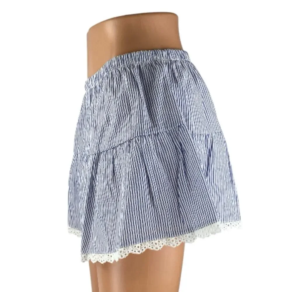 NEW Edikted Blue White Seersucker Striped Tiered Lace A Line Mini Skirt Size M